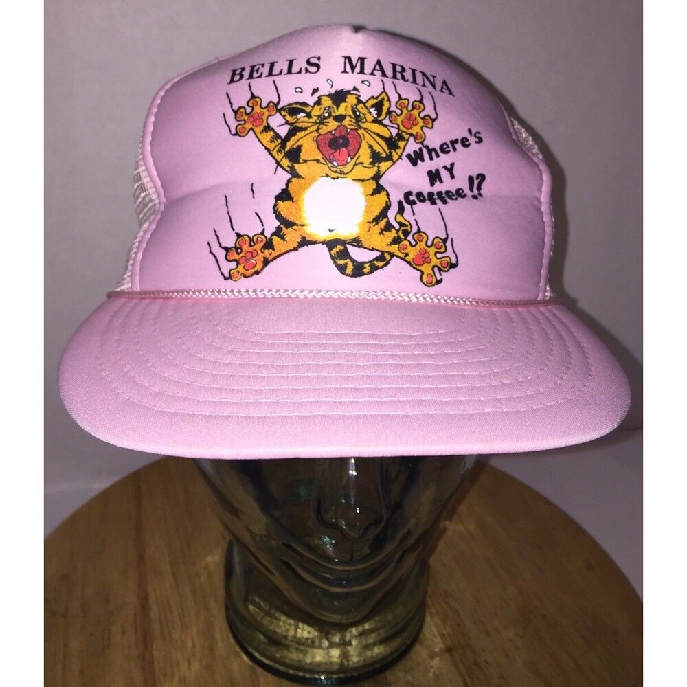 VINTAGE Bells Marina South Carolina Coffee Cat Trucker Hat Cap Pink